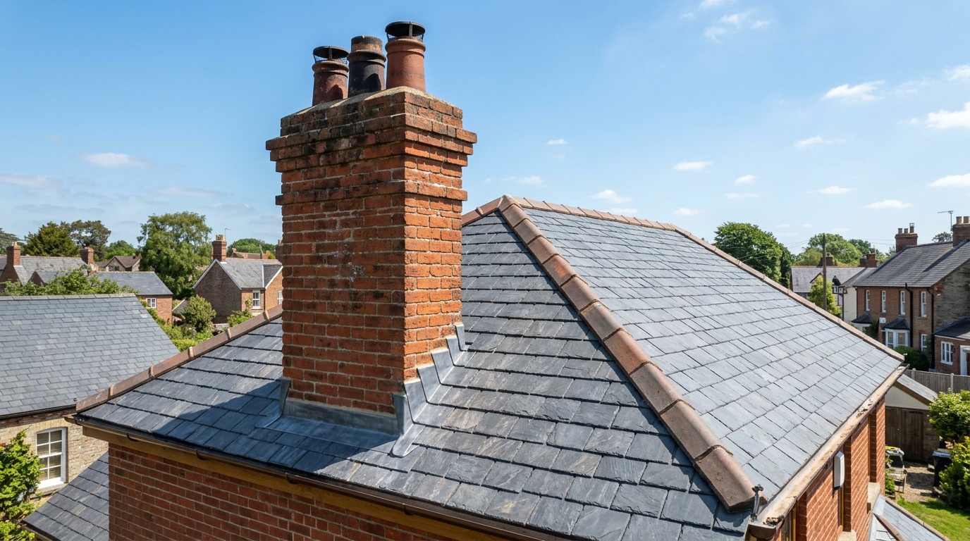 Brick chimney stack with lead flashing on a UK slate roof