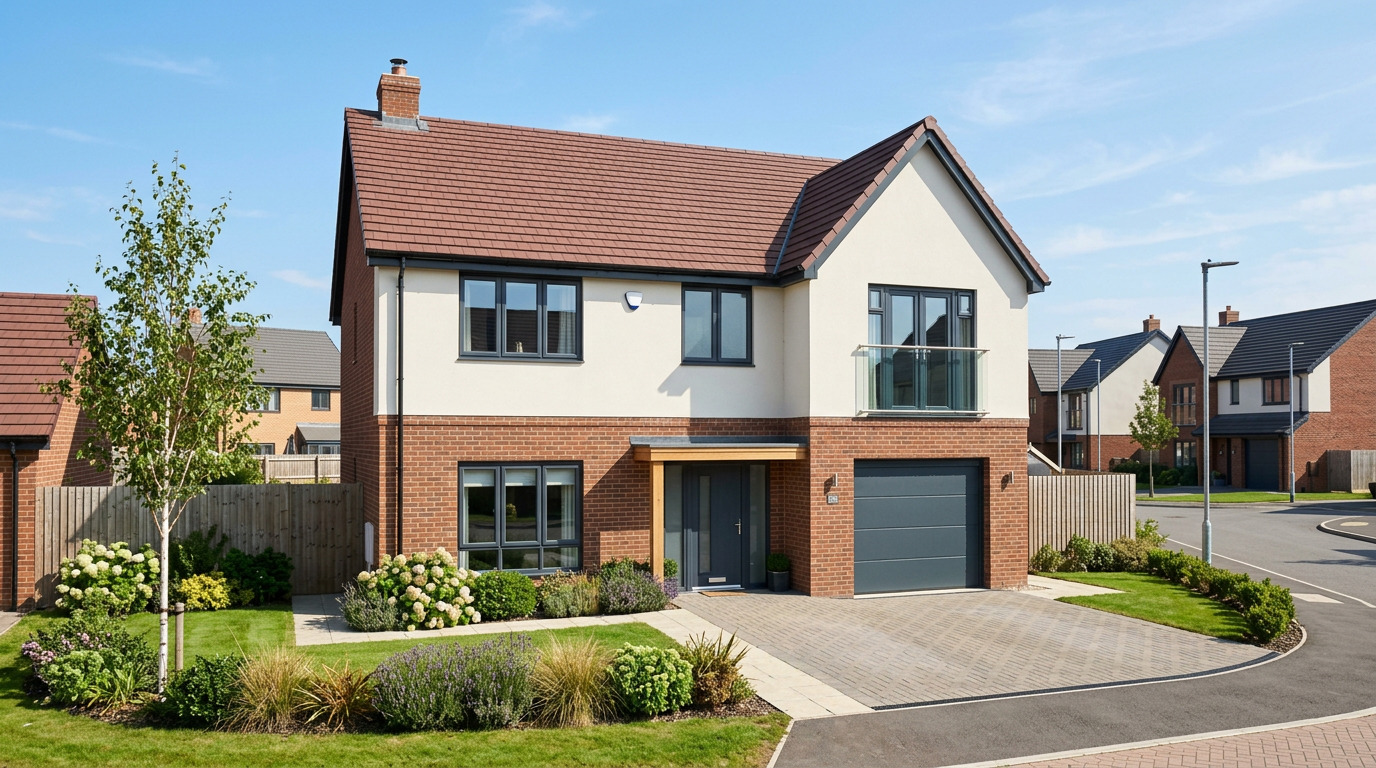 Modern UK new-build home with a freshly tiled roof