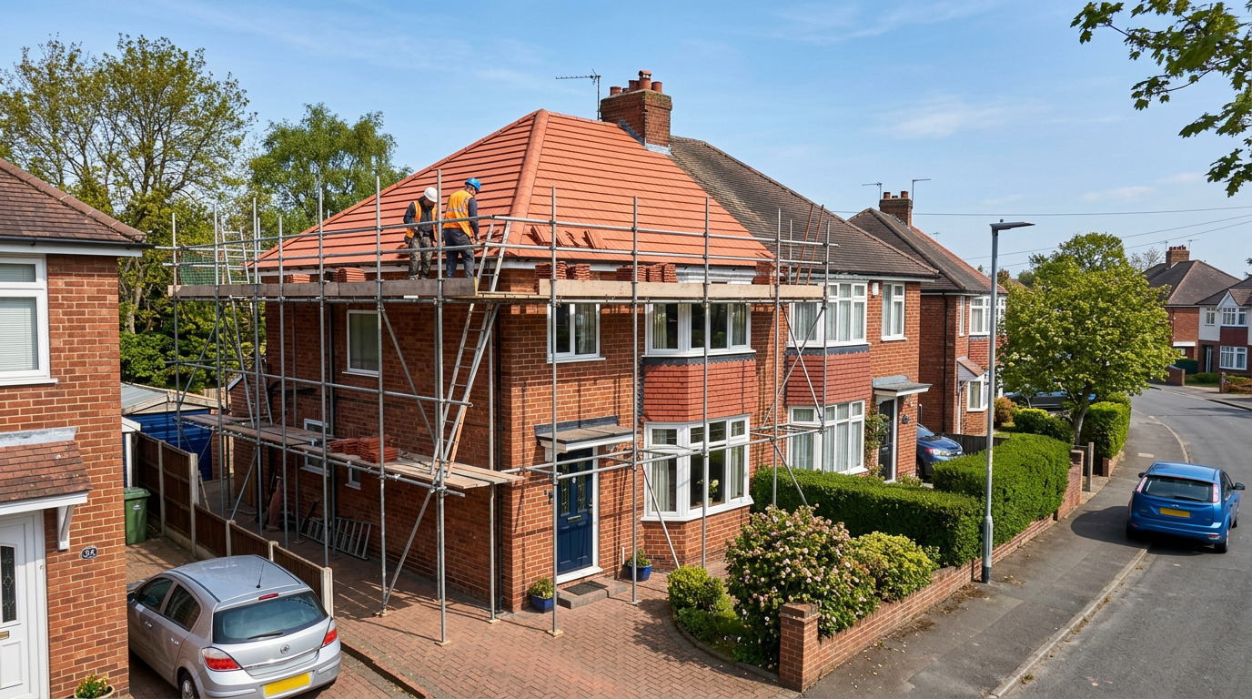 UK house being professionally re-roofed