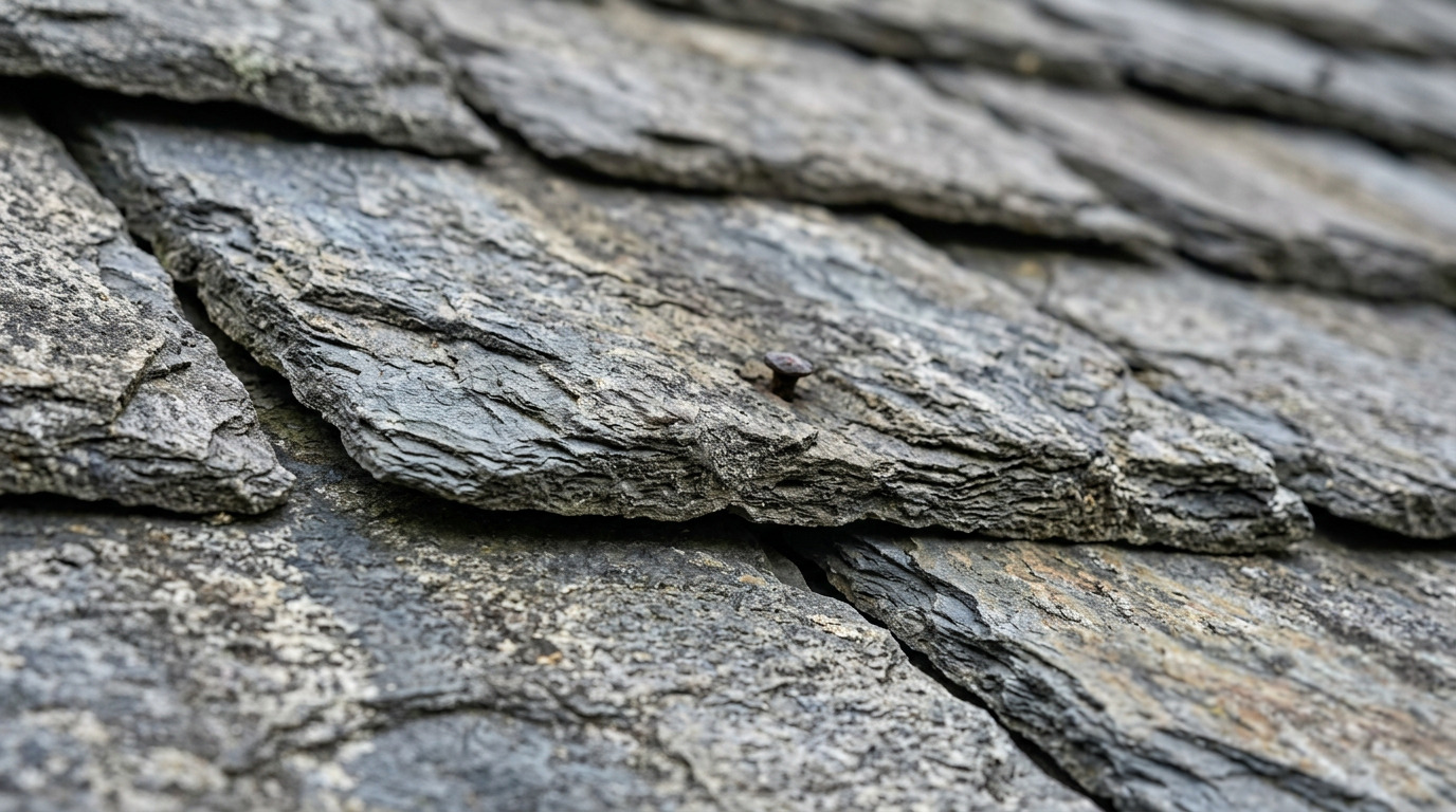 Close-up of natural grey slate roof tiles