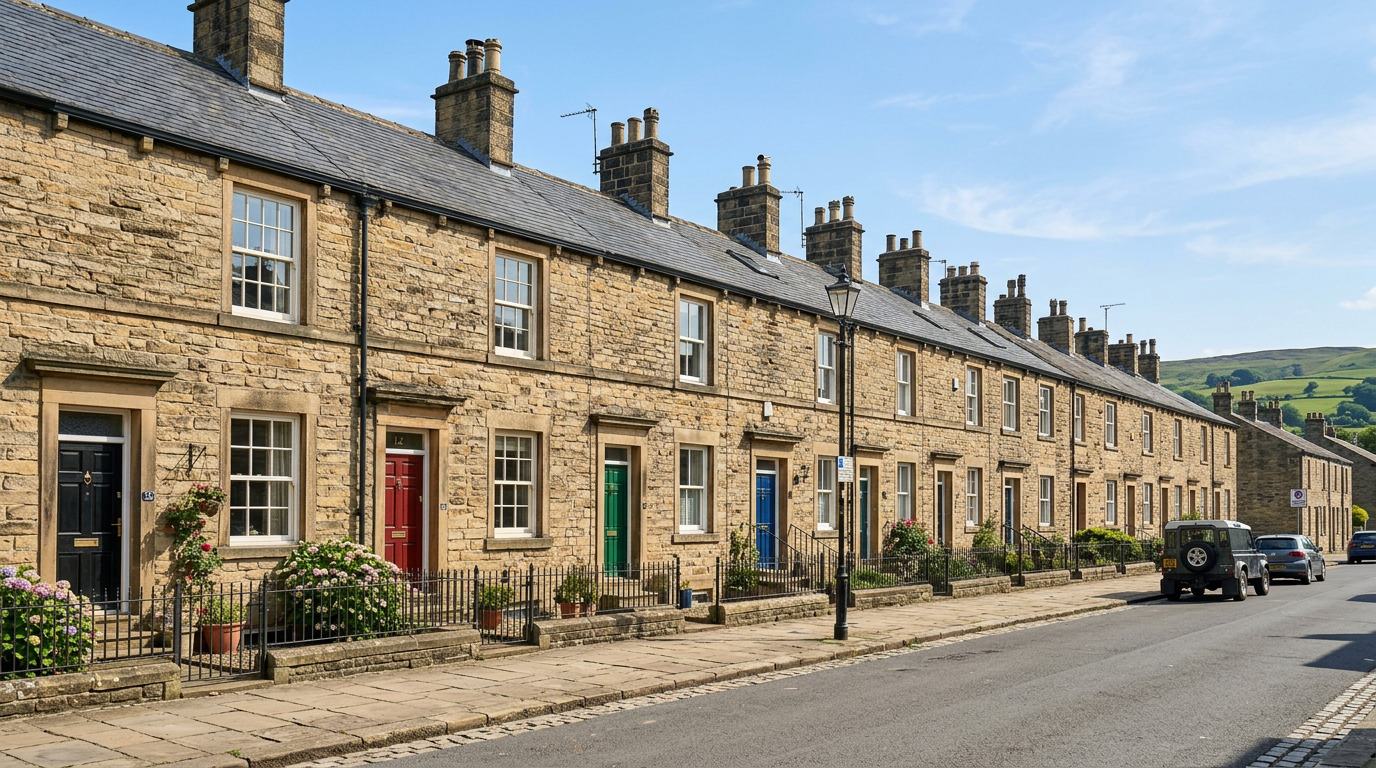 Traditional Yorkshire stone terraced houses with slate roofs