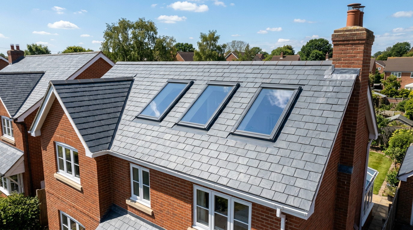 Velux skylights fitted into a pitched slate roof